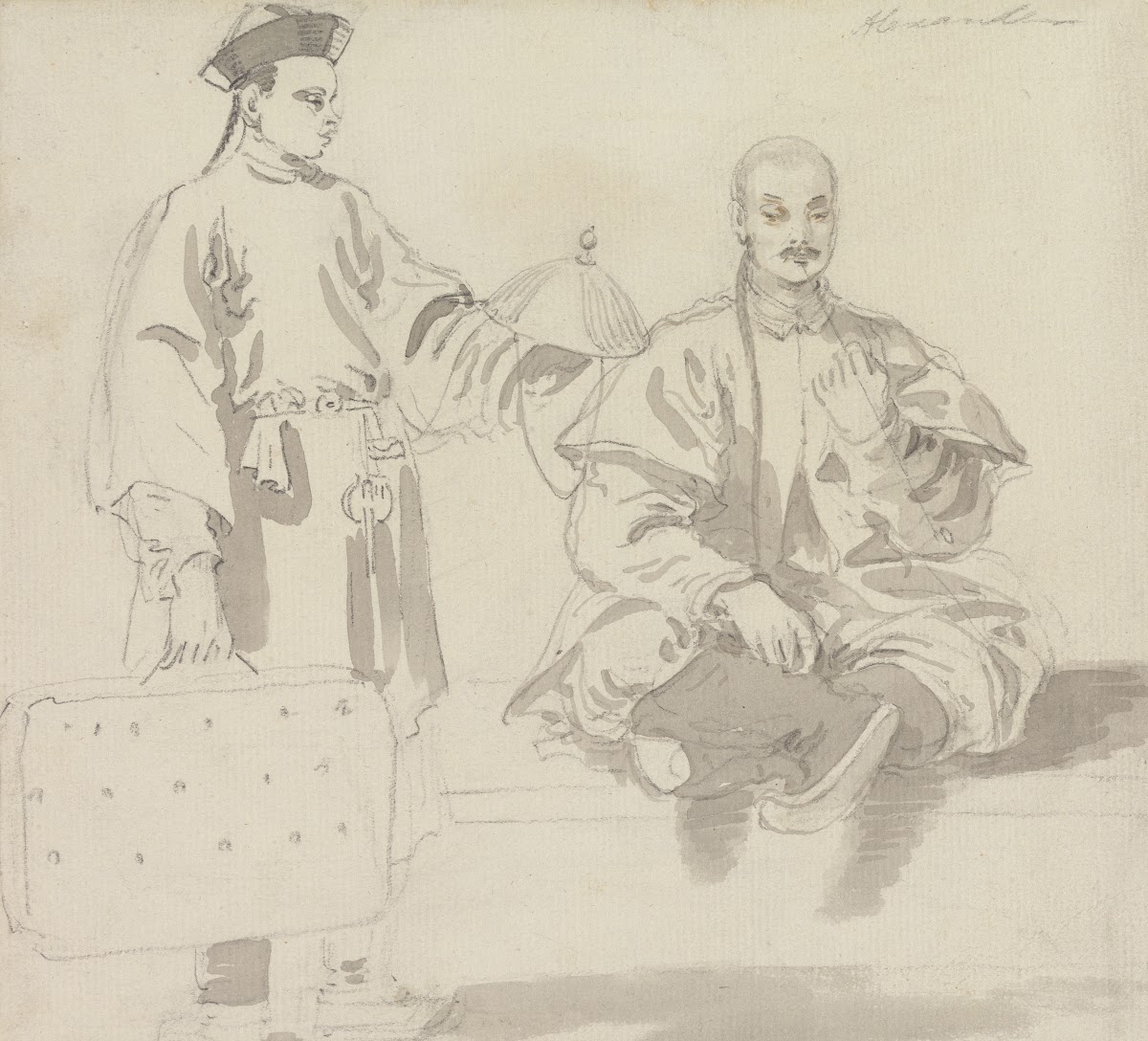 Two Chinese Figures A Seller of Hats and a Man Sitting Cross Legged Smoking a Pi