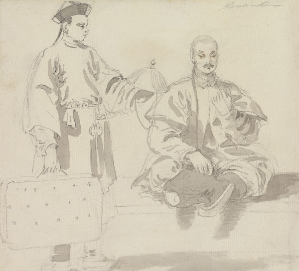 Two Chinese Figures A Seller of Hats and a Man Sitting Cross Legged Smoking a Pi