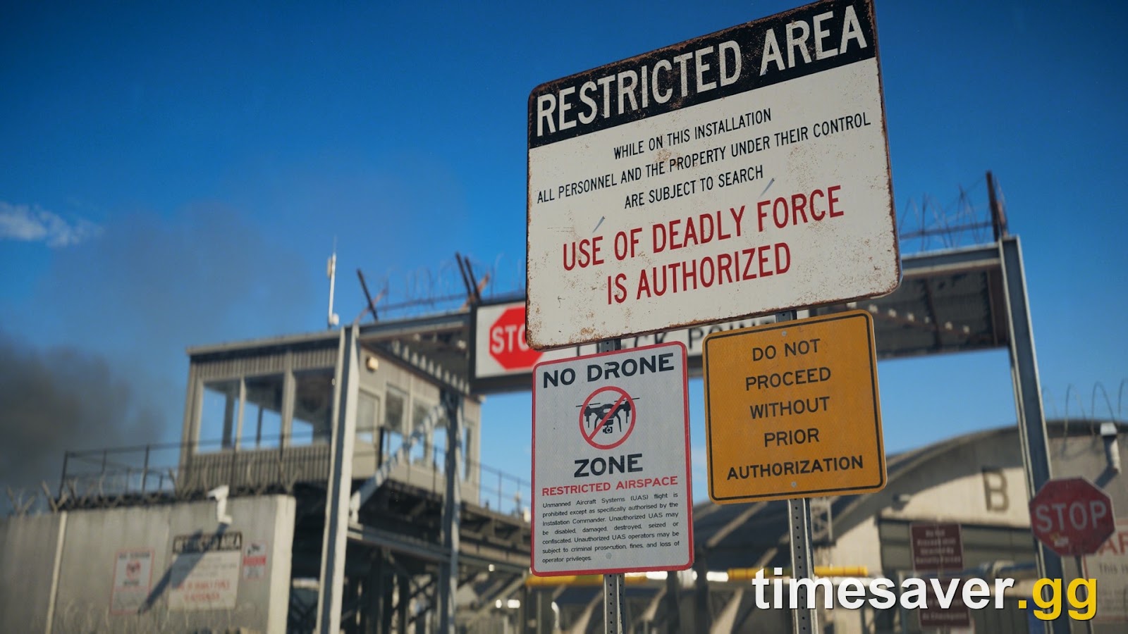 Battlefield 6 screenshot of the Area 51 perimeter gate with a guard booth, barbed wire and signs reading Restricted Area and Use Of Deadly Force Is Authorized