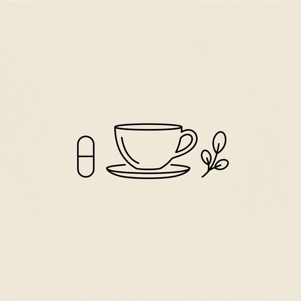Minimalist Tonum-style line illustration of a teacup, leaf sprig, and capsule on a beige background — best teas for belly fat