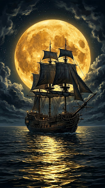 Epic Digital Illustration of a Tall Ship Sailing Before a Giant Moon - Free mobile Wallpaper