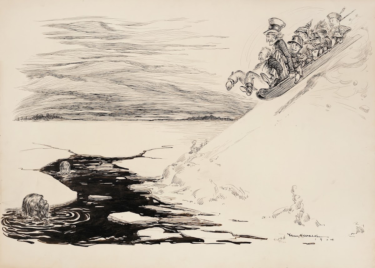 Several men on a toboggan slide down a slope towards a hole in the ice below 190