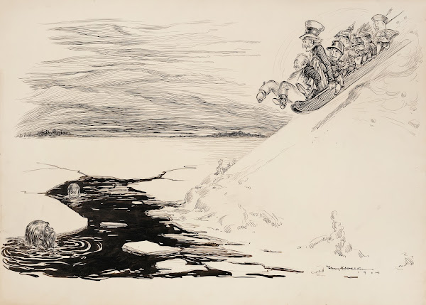Several men on a toboggan slide down a slope towards a hole in the ice below 190