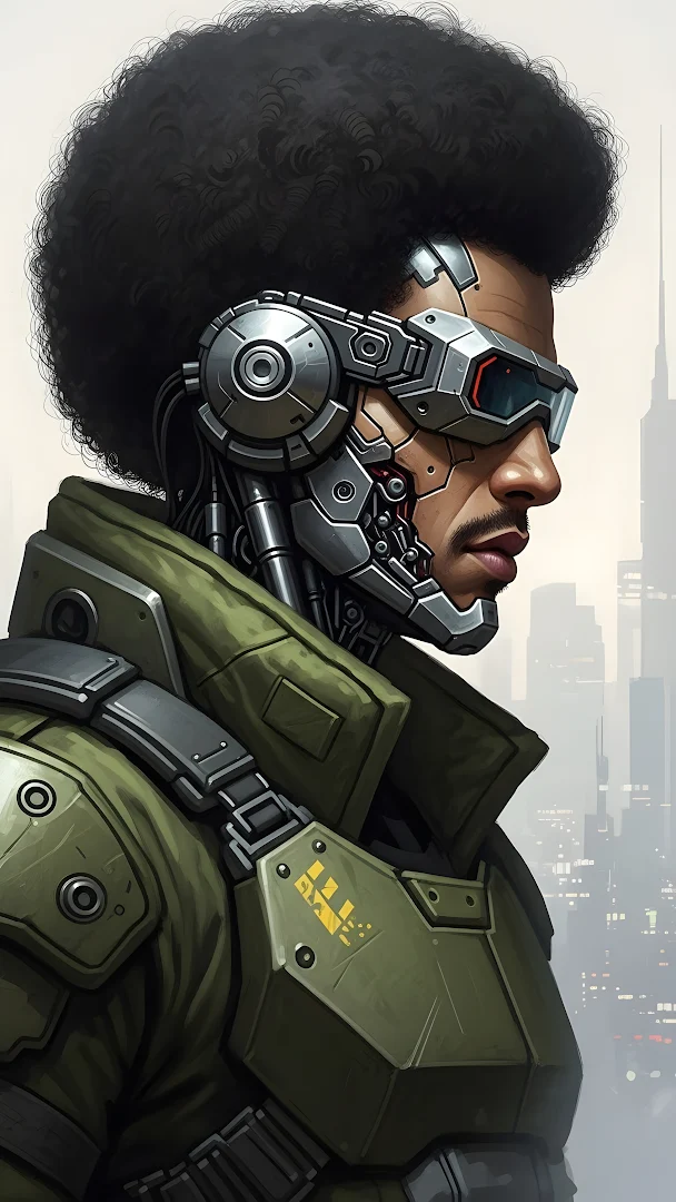 Cybernetic Soldier with Afro and Futuristic Goggles