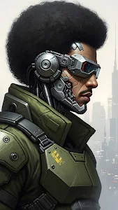 Cybernetic Soldier with Afro and Futuristic Goggles