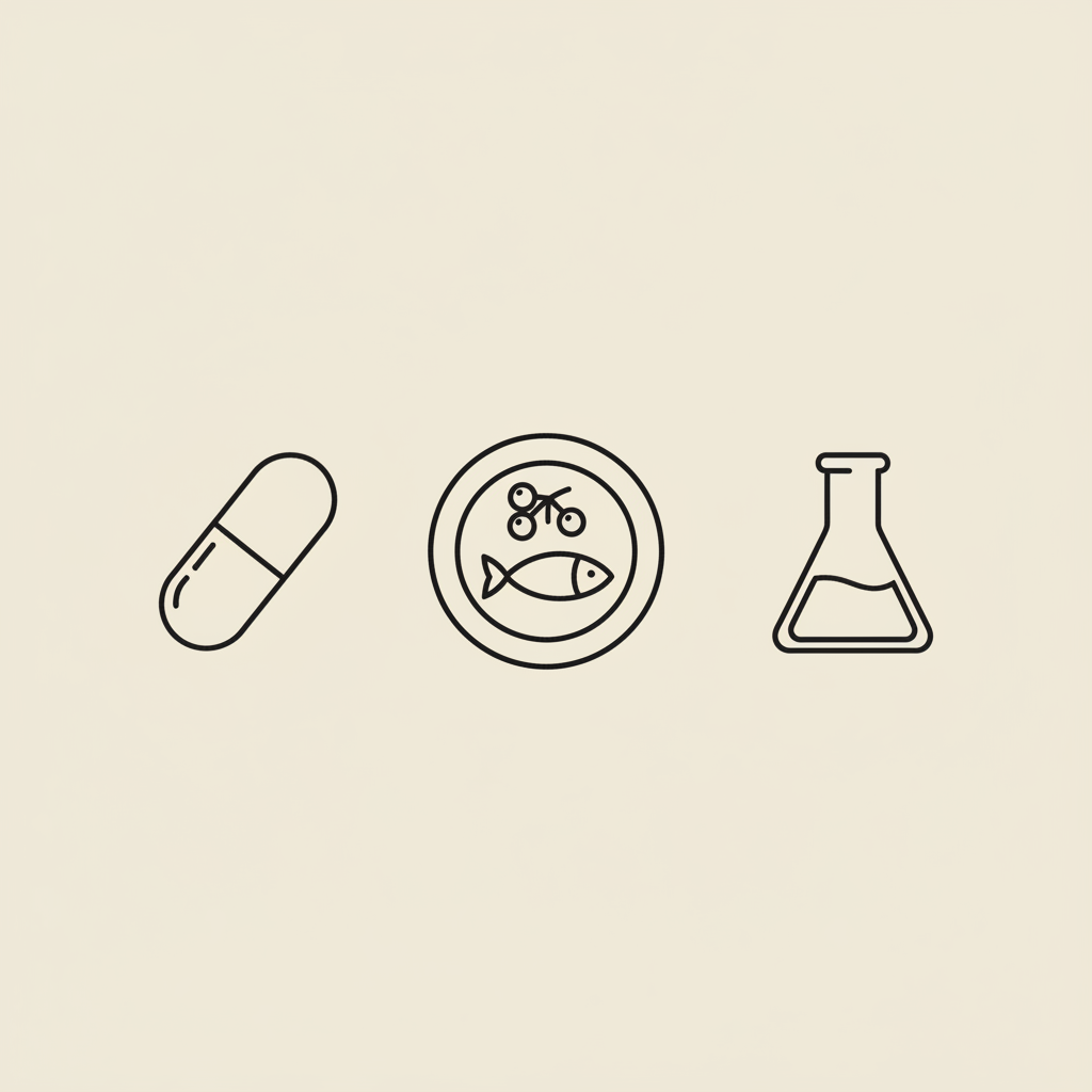 Minimalist line illustration of a capsule, plate with fish and berry, and small lab flask on beige background representing a 1000 mcg supplement and nutrition concept.