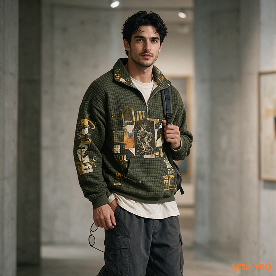 2D Waffle Stand Collar Long Sleeve Sweatshirt