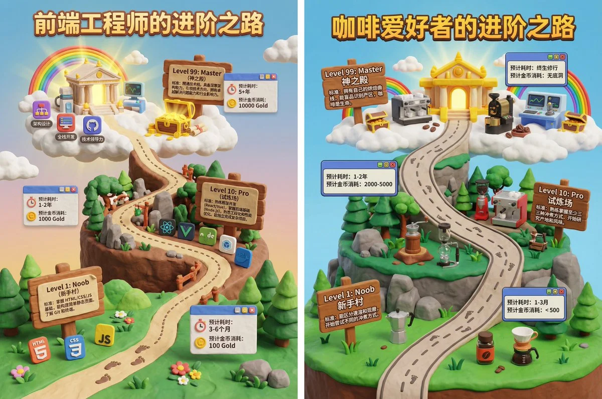 Póster con mapa de niveles de juego en 3D: Ruta de desarrollo profesional de un ingeniero front-end