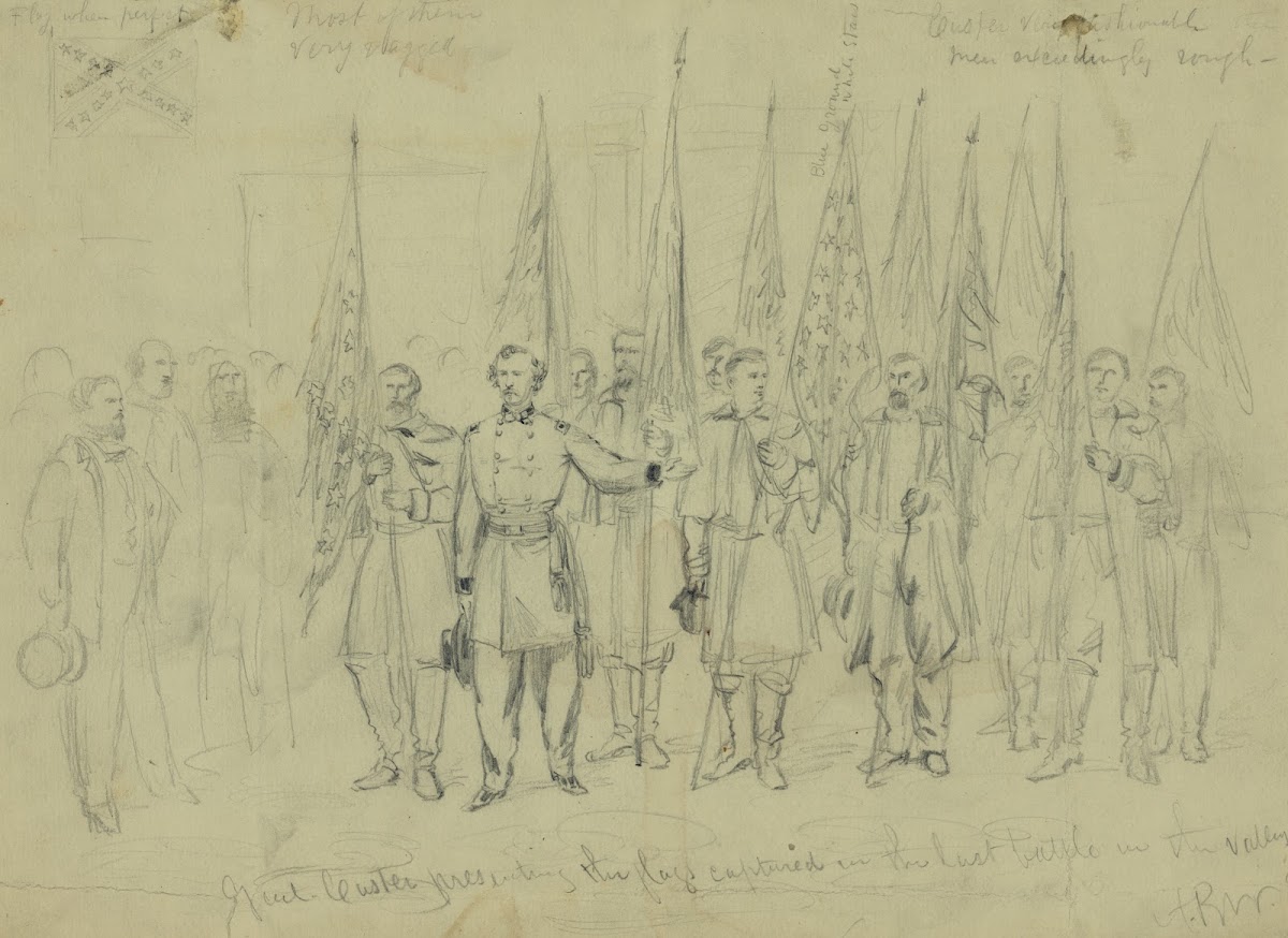 Genl Custer presenting the flags captured in the last battle in the valley 1864