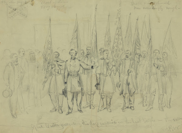 Genl Custer presenting the flags captured in the last battle in the valley 1864