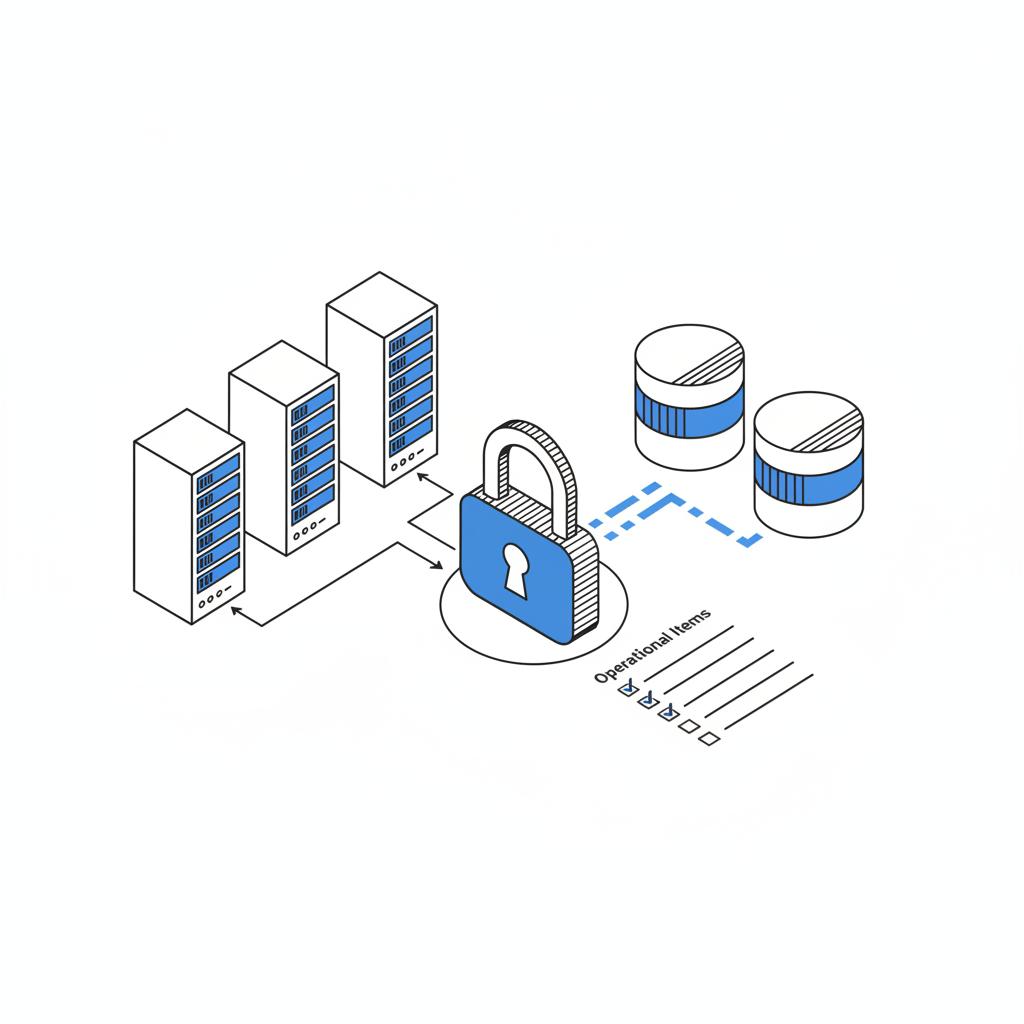 Minimal isometric notebook sketch of secure hosting infrastructure with servers, a lock, encrypted storage cylinders and a checklist in vector style for medical website builder