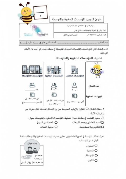 سؤال قصير حول درس المؤسسات الصغيرة والمتوسطة نموذج ثاني - هذا وطني الصف 12 الفصل 2