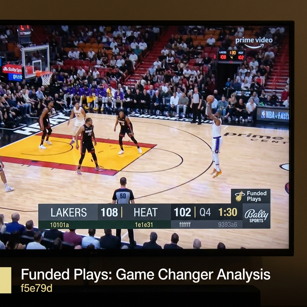 Close up Bally Sports broadcast overlay on live game with subtle Prime Video mark on a secondary layer clean Funded Plays aesthetic dark background diamond sports book