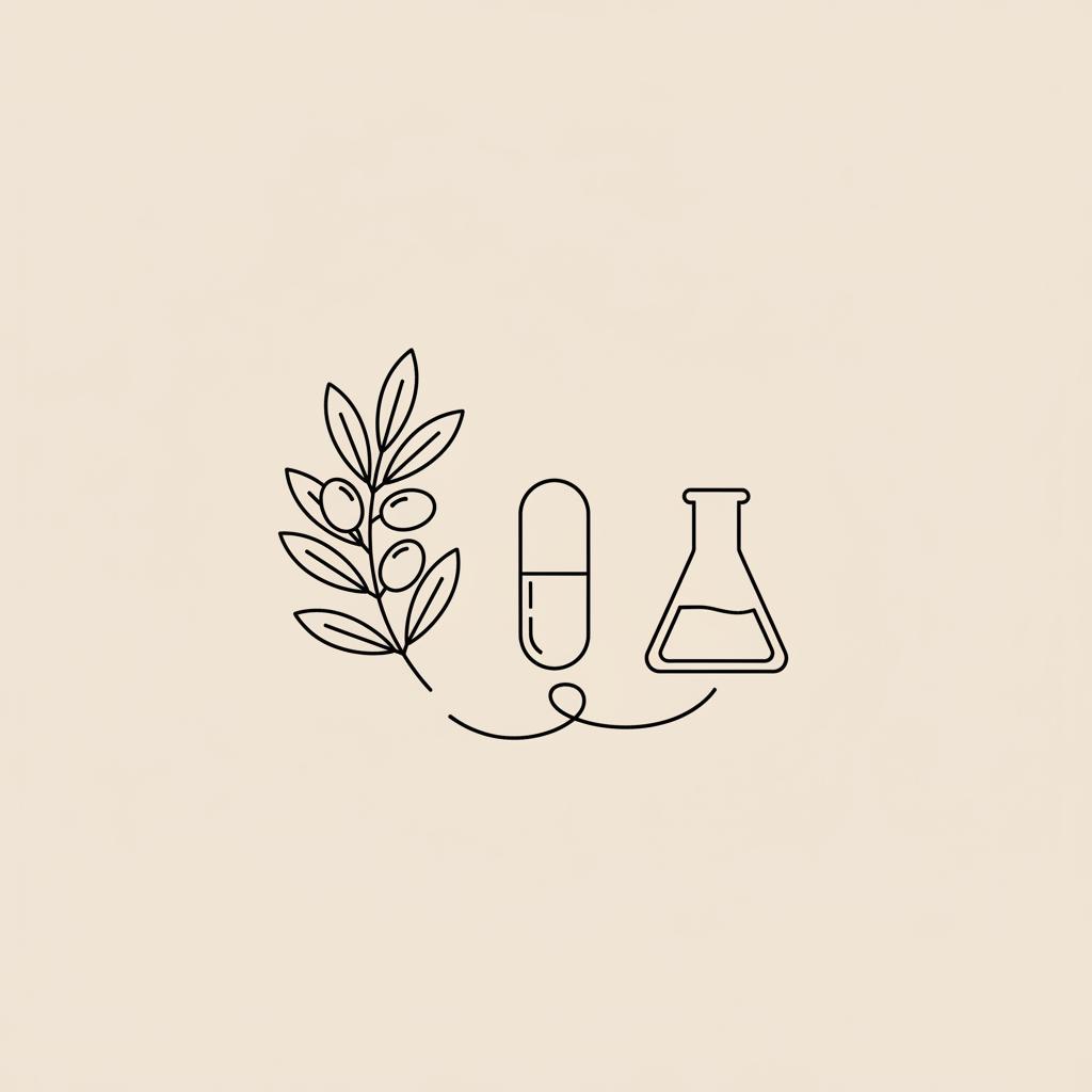 Minimal Tonum-style line illustration of an olive branch, capsule, and beaker connected by a curved line on beige background — best vitamin for liver repair