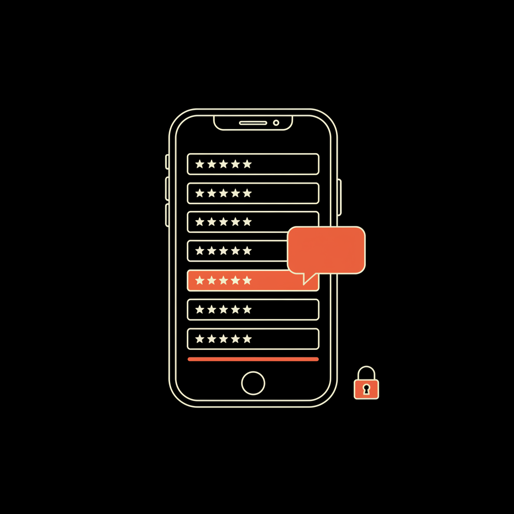 Minimal 2D vector infographic of a smartphone showing a review list with a highlighted message bubble and padlock icon illustrating privacy and how to delete my own Google reviews.