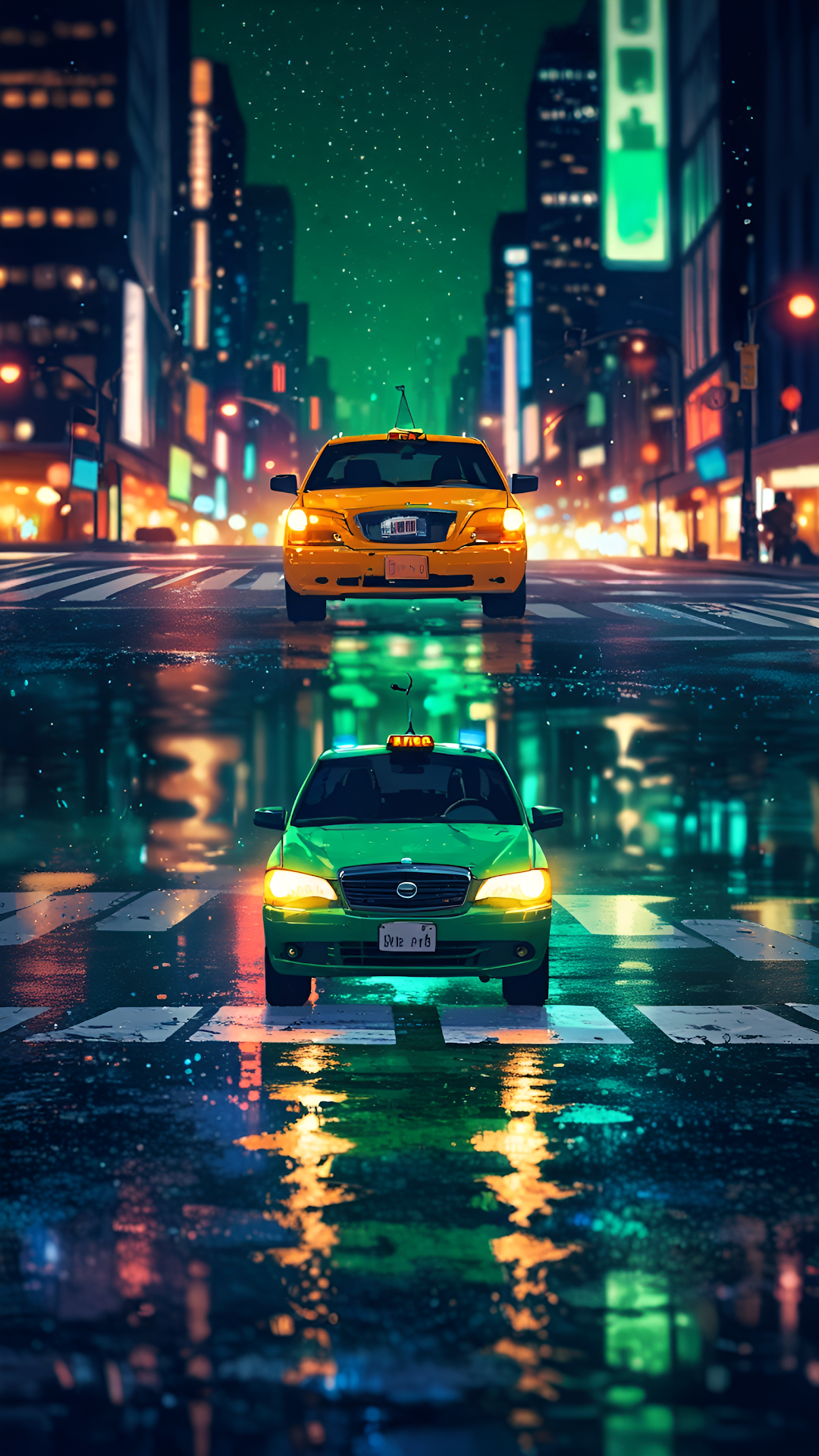 Two Taxis on Rainy Neon City Street at Night - Free 4K mobile Wallpaper