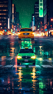 Two Taxis on Rainy Neon City Street at Night