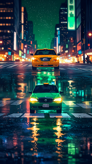 Two Taxis on Rainy Neon City Street at Night - Free mobile Wallpaper