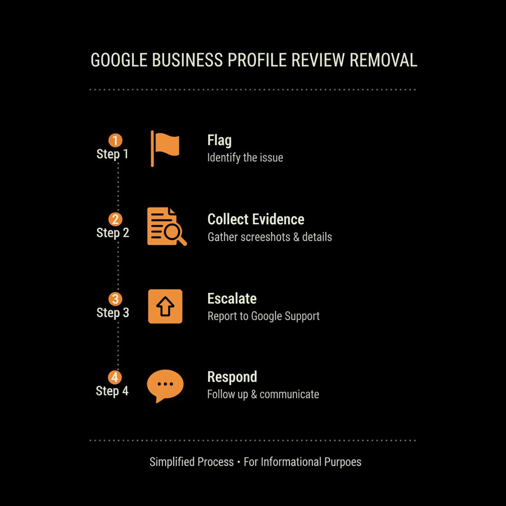 Minimal infographic checklist showing steps to remove Google Business Profile review: flag, collect evidence, escalate, respond on black background with brand colors