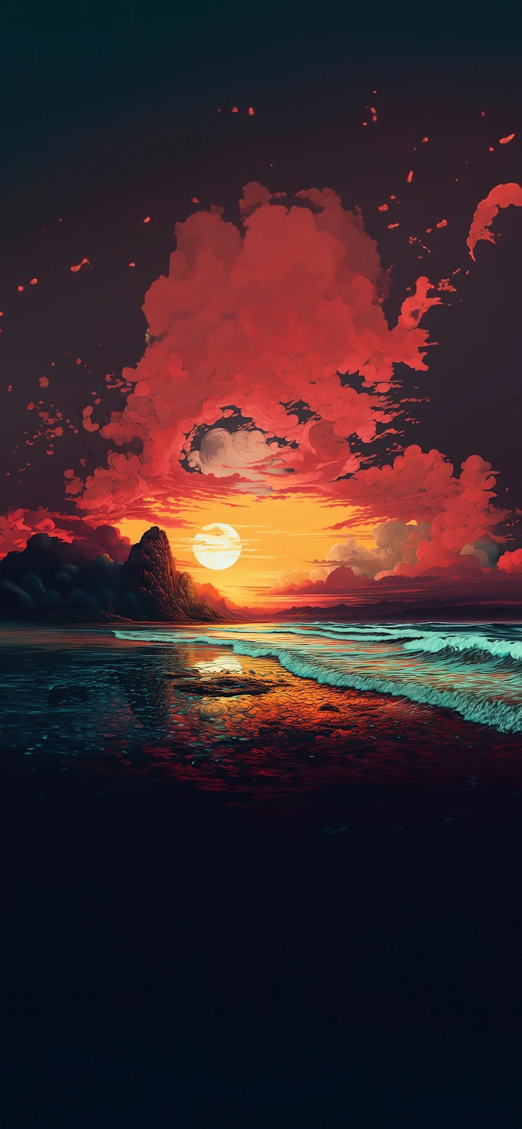 Sunset Over Red Clouds Beach - Digital Illustration Full HD iPhone Wallpaper (1284x2778)