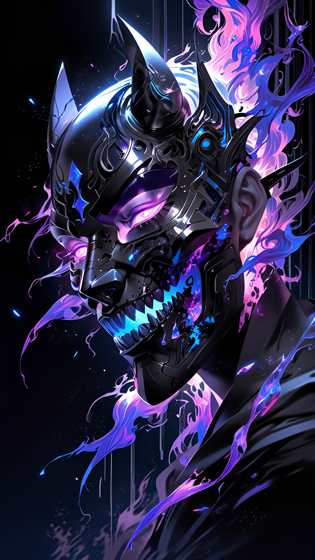 Futuristic Oni Mask Neon Flames Dark Cyberpunk Aesthetic - Free 4K mobile Wallpaper