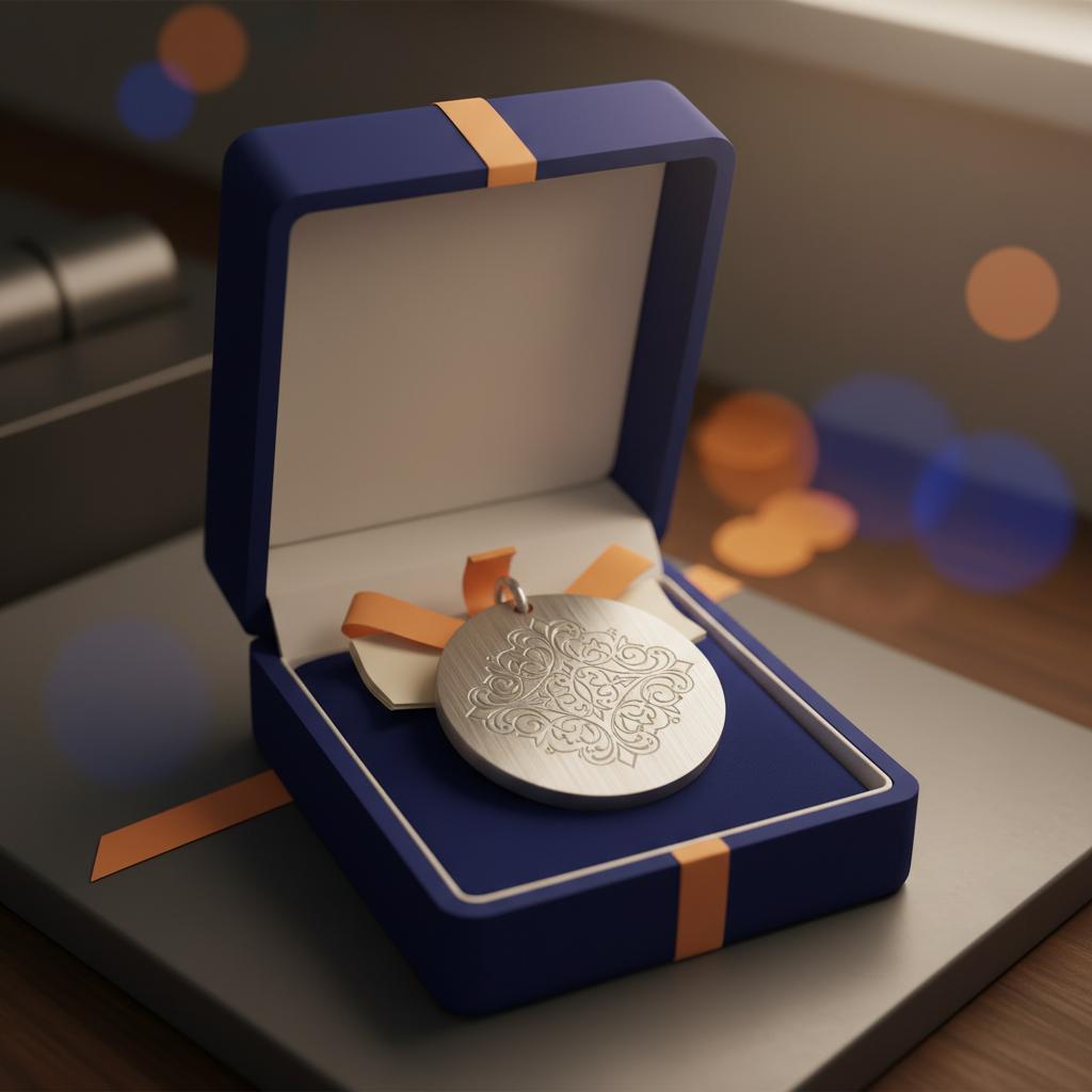 Nahaufnahme eines personalisierten Metallanhängers in schlichter Geschenkbox mit Samtfutter, Betonung auf Gravurdetails und Materialtextur – was kann man zur jugendweihe schenken
