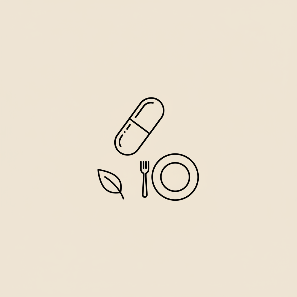 Minimal Tonum-style vector of a capsule, small leaf, and plate with fork on beige background, evoking natural, science-backed weight management; best weight loss pill FDA approved