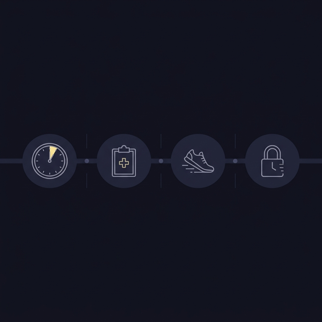 Minimalist 2D vector timeline showing last night minutes injury report checks warmups and lock times for Trading Day Games After Night Games using Funded Plays brand colors