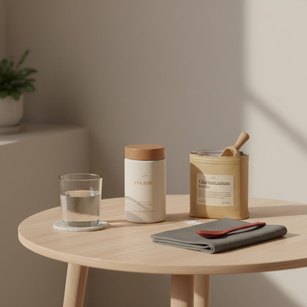 Minimalist breakfast nook with Tonum Motus supplement container on a wooden table next to a glass of water and open glucomannan powder packet in soft natural light, natural GLP-1 booster