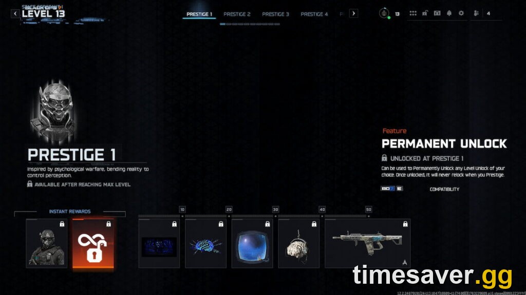 Black Ops 7 Prestige 1 menu showing the Permanent Unlock feature and instant rewards