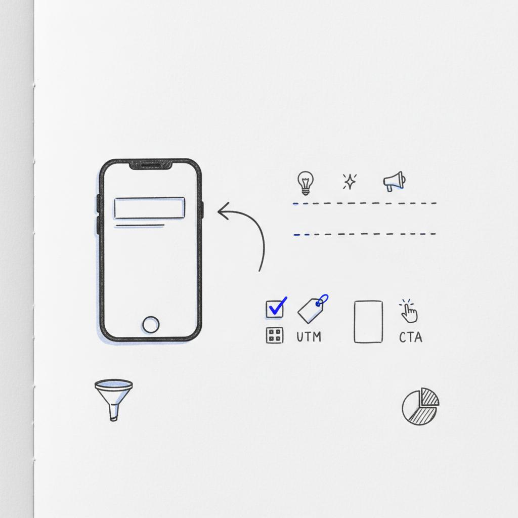 Minimal notebook sketch of a creative brief showing a vertical phone icon, three hook idea icons and checklist boxes for pixel, UTM and CTA with #1a5bfb accents &mdash; TikTok ads small business