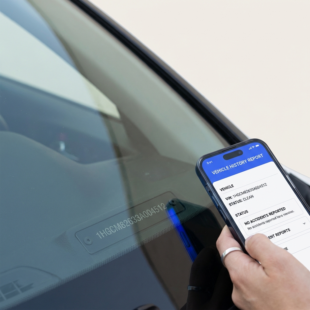 Close up of a VIN on a windshield with a smartphone displaying a vehicle history report for chevy silverado for sale minimalist white background 3666ed accents