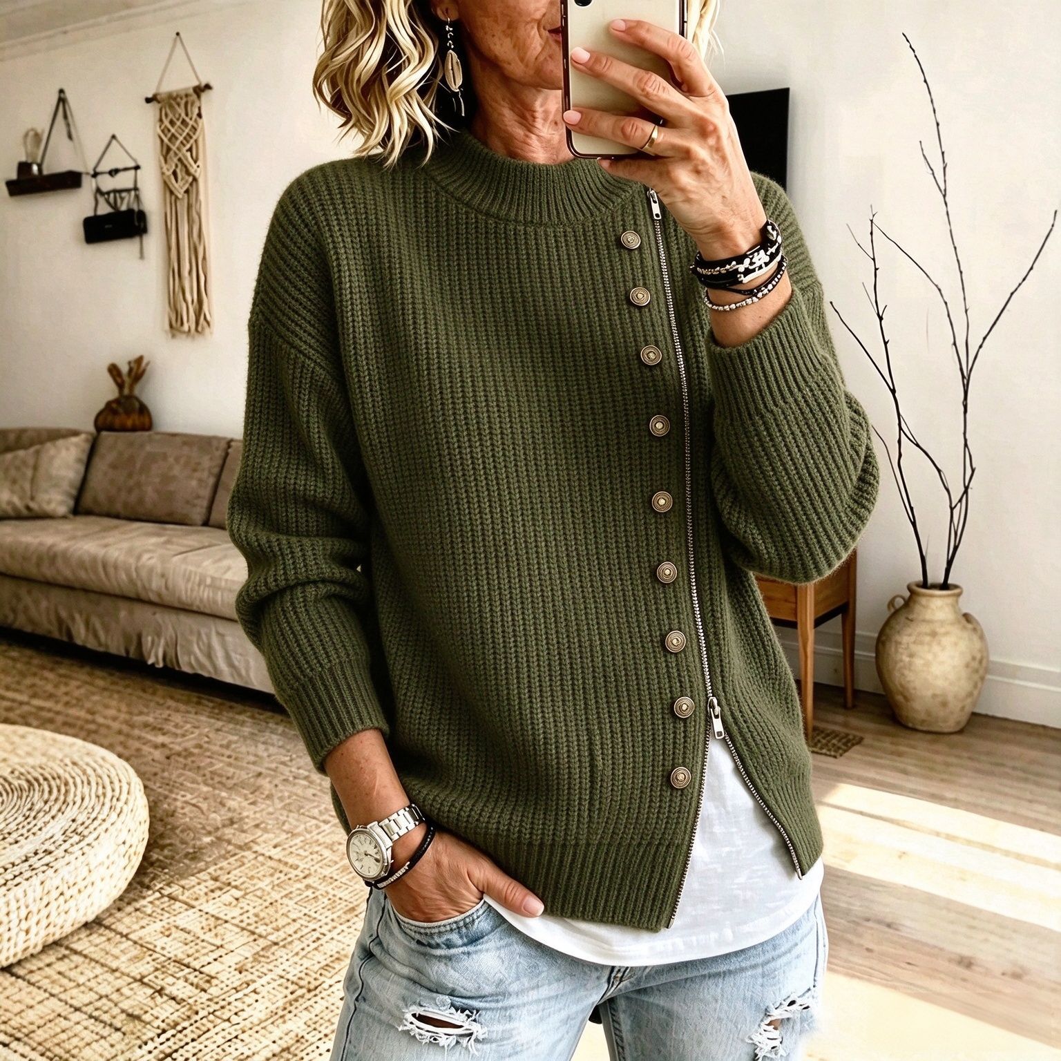 Women's knitted sweater with asymmetrical zipper