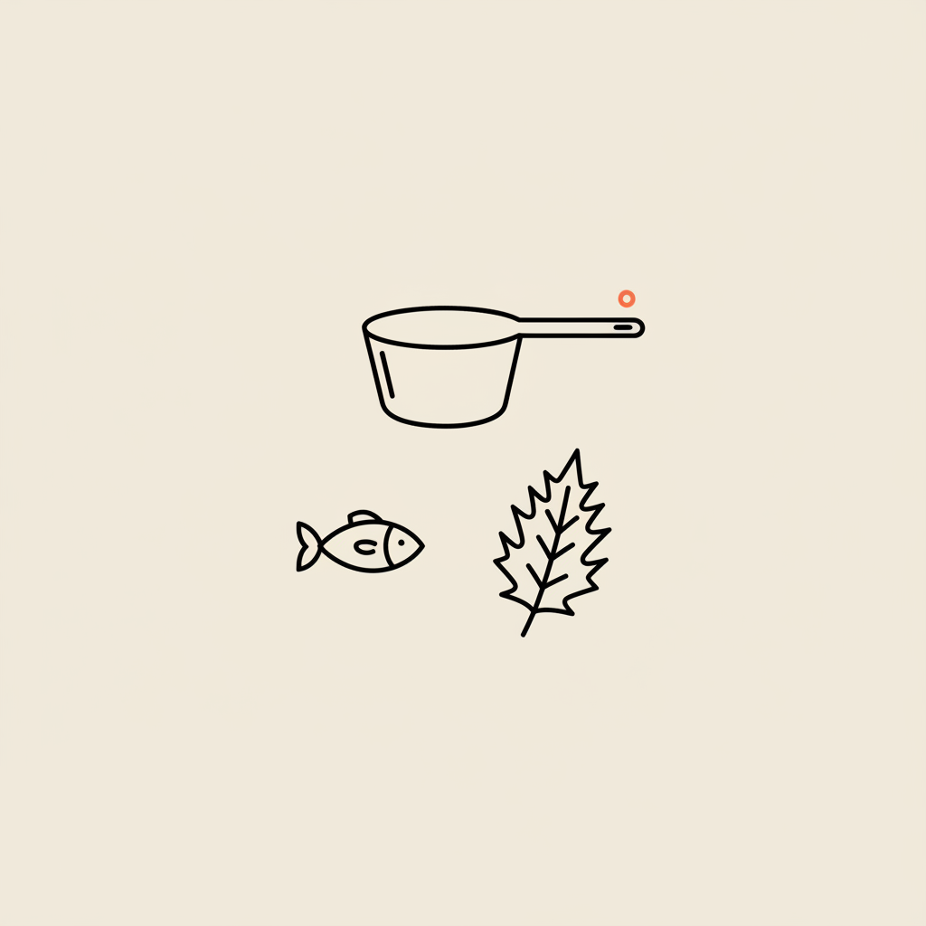 Minimal Tonum-style line illustration of a protein scoop, fish icon, and milk thistle leaf on beige background, referencing protein shakes a day and balanced nutrition.