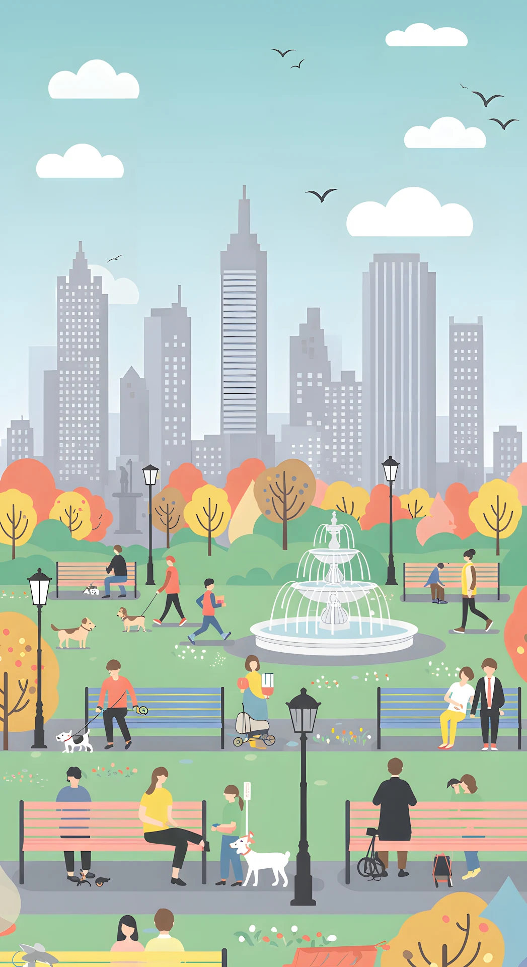 Urban Park Life with Fountain and Skyscraper Backdrop - Free 4K mobile Wallpaper