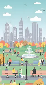 Urban Park Life with Fountain and Skyscraper Backdrop