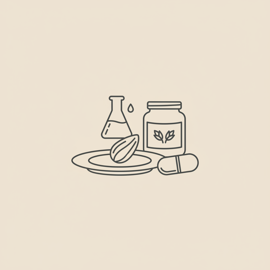 Minimal Tonum-style vector line illustration of a plate with a stylized almond, a jar with oat grains, a capsule and a lab flask representing protein bar side effects