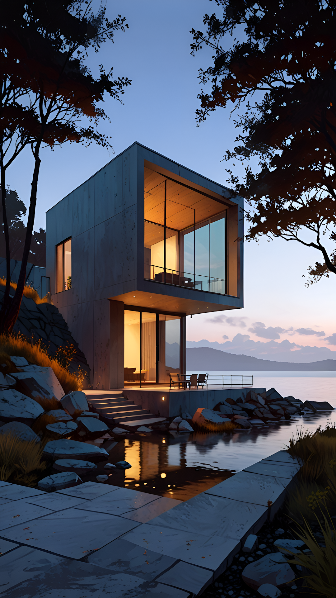 Minimalist Concrete House Lakeside View Twilight Scene - Free 4K mobile Wallpaper