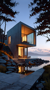 Minimalist Concrete House Lakeside View Twilight Scene