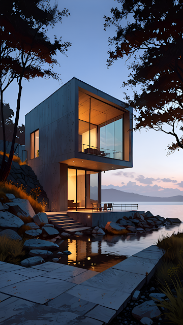 Minimalist Concrete House Lakeside View Twilight Scene - Free mobile Wallpaper