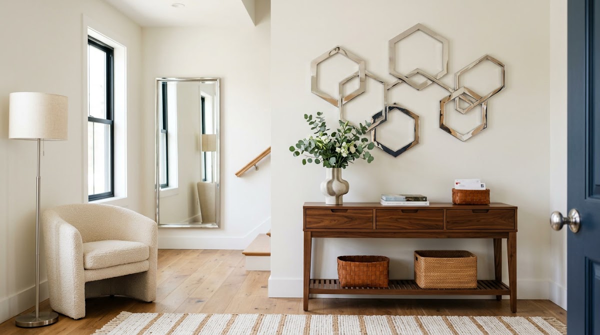 How to Brighten a Dark Entryway With Chrome Wall Decor - chrome side table beside walnut furniture in a living room