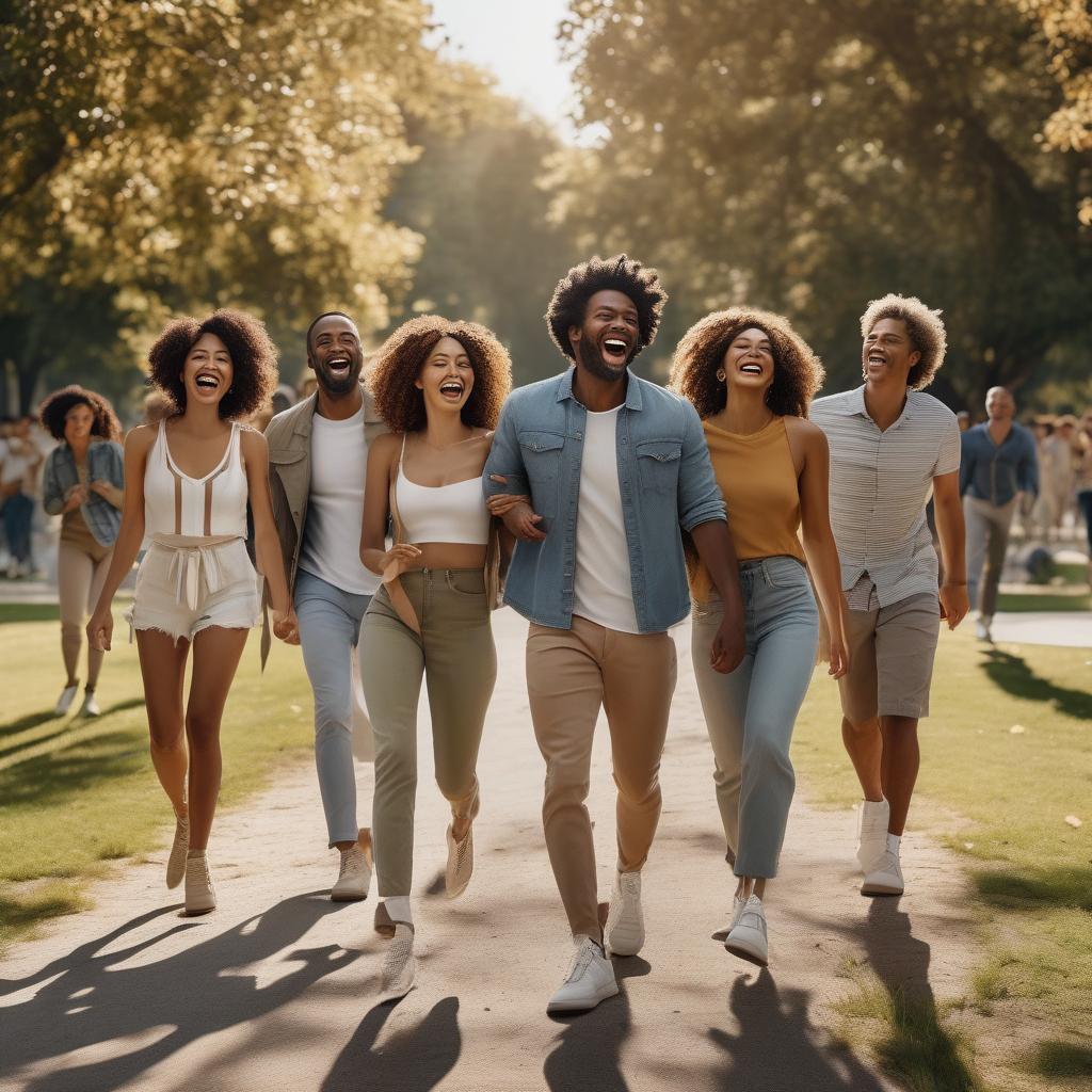 Diverse group of friends laughing and walking in a park