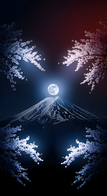 Dramatic Night Scene with White Cherry Blossoms and Mount Fuji Silhouette - Free mobile Wallpaper