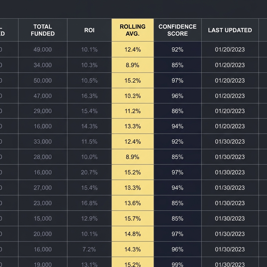 Close up full frame spreadsheet showing rolling averages and confidence scores highlighted in Funded Plays colors Evaluating Recent Form vs Long-Term Skill clear numeric columns minimalist layout