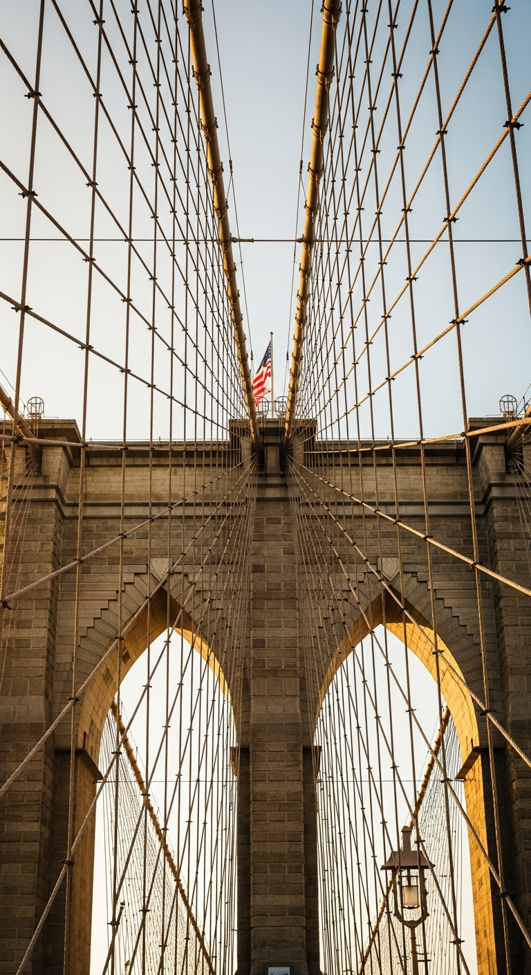 Extreme Low Angle View Upwards at Brooklyn Bridge Stone Arches and Suspension Cables - Free 4K mobile Wallpaper