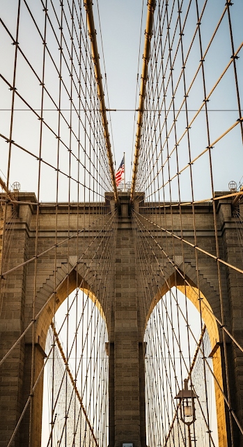 Extreme Low Angle View Upwards at Brooklyn Bridge Stone Arches and Suspension Cables - Free mobile Wallpaper