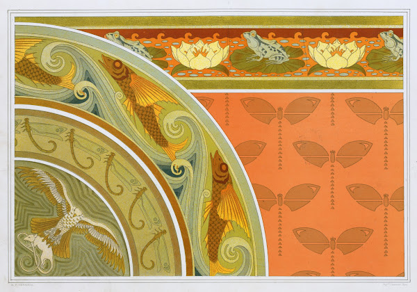 Grenouilles et nénuphars bordure libellules pochoir poissons volants libellules