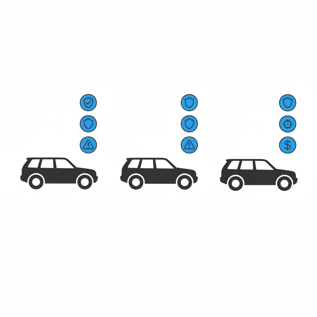Minimalist 2D vector infographic of three side by side SUVs with checklist icons for dependability safety recalls and ownership cost ideal for third row suv for sale