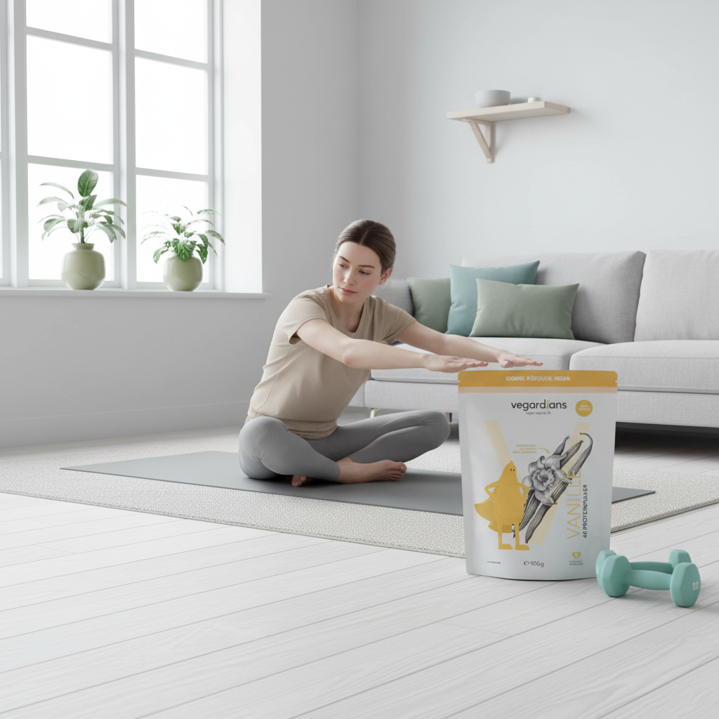 Minimalistische Heimtrainingsszene im Winterlicht mit Yogamatte, leichten Hanteln und Pflanzen, skandinavisches Ambiente – ernährung vor dem training abnehmen