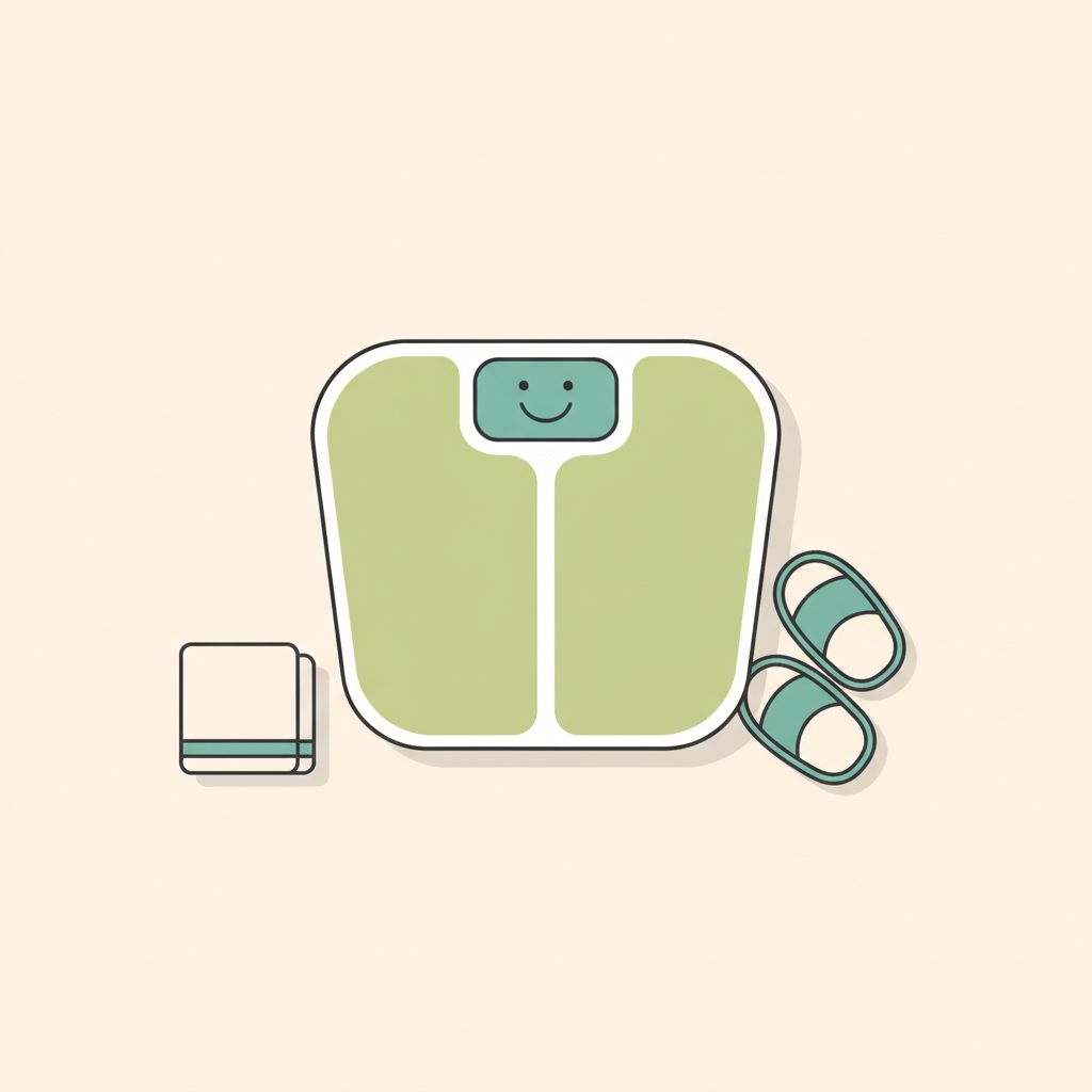 Nahaufnahme einer modernen Waage mit Smiley-Display, süße Hausschuhe und kleines Handtuch auf pastelligem Hintergrund #F7EDE6 — Welche Übungen soll ich im Fitnessstudio machen